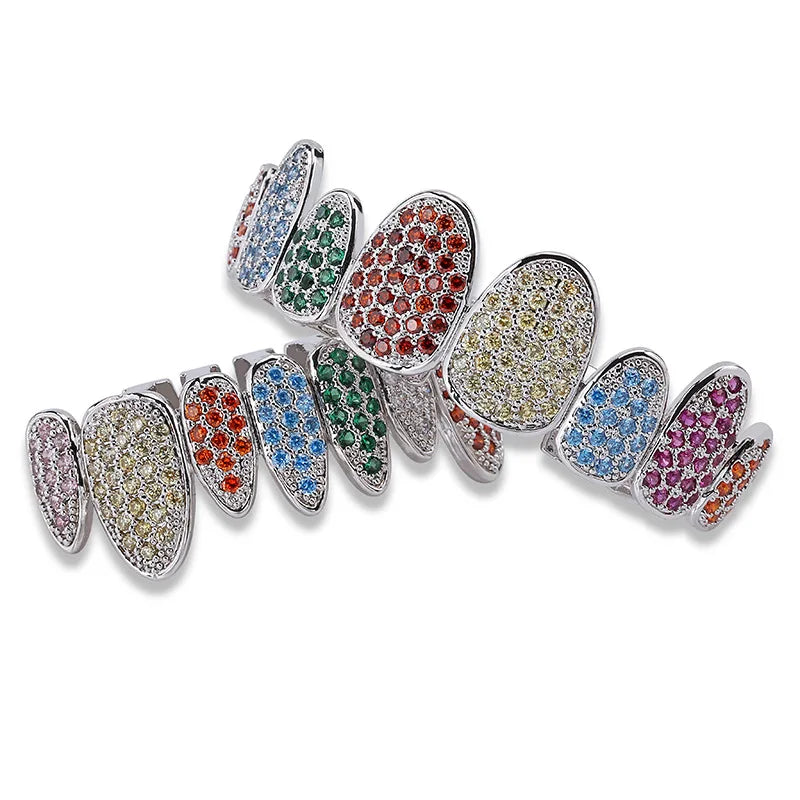 Micro Pave Zircon Hip Hop Teeth Grillz Gold Silver Rainbow Punk Body Jewelry for Men's Anniversary Gift