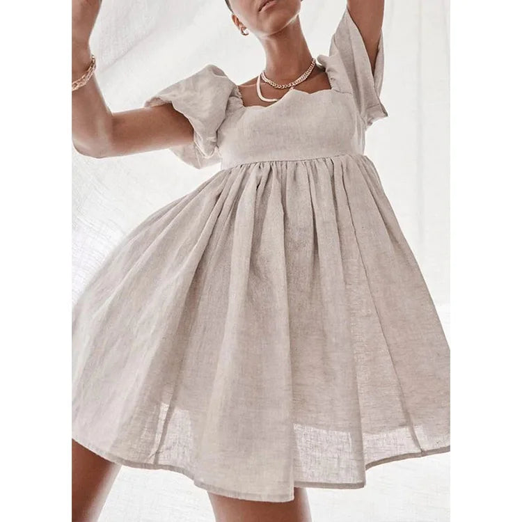 Wholesale Women Casual Summer Dresses Sweet Linen/Cotton Bubble Sleeve Square Collar Babydoll Mini Dresses