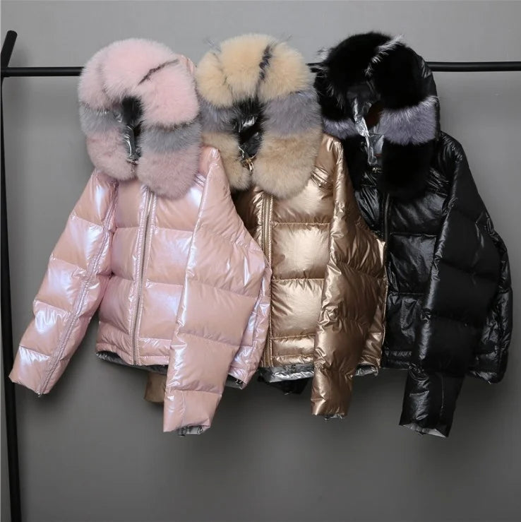Ladies Down Coat Short Warm Fur Collar Hood Reversible Women's Coats Parka Woman Bubble Coat
