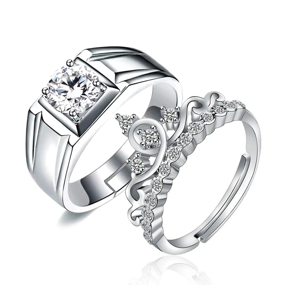 925 Silver Plated Zircon Crown Men Women Couple Ring Shiny Diamond Crown Design Couple Ring Weeding Engagement Adjustable Ring