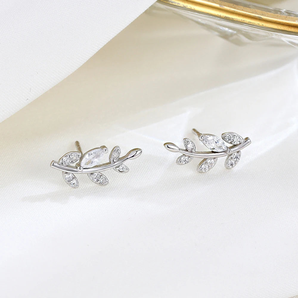 Women fine 925 sterling silver CZ diamond olive branch stud earrings
