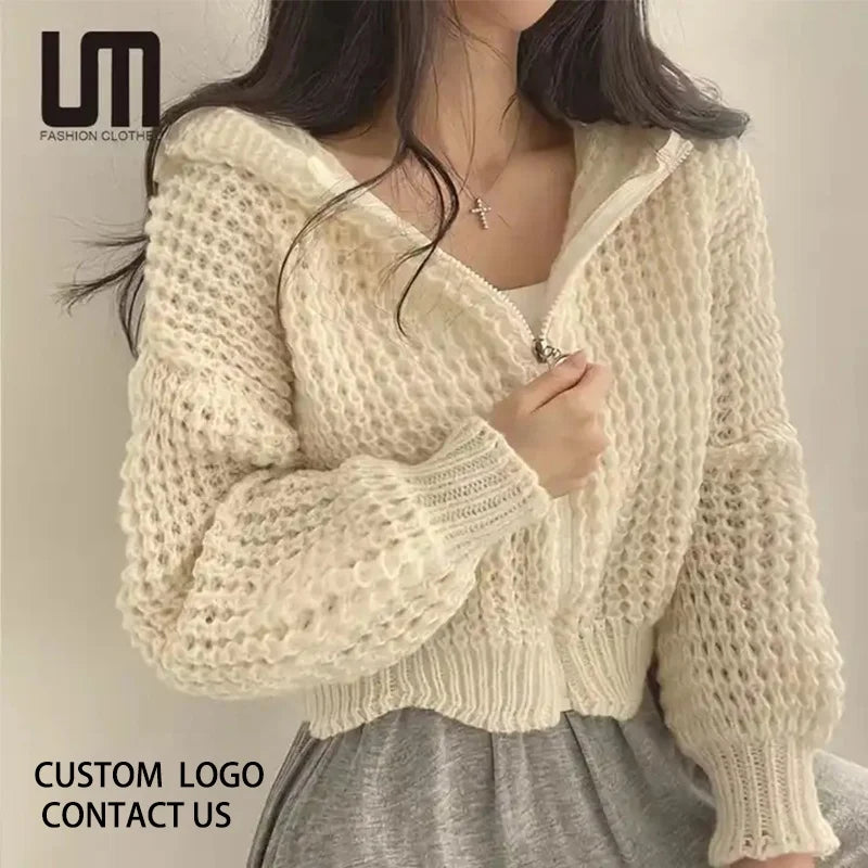 Liu Ming Cheap Wholesale New Product Korean Chic Casual Women Loose Knitted Zipper Lantern Long Sleeve Hooded Coat Sweaters