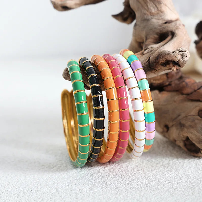 2026 Hot Sale Women Boho Jewelry Stainless Steel 18K Gold Plated Colorful Enamel Open Bangle Gift MegaBDM