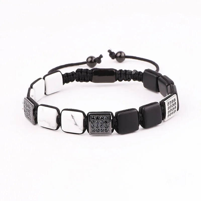 New Design Natural Stone Square Beads CZ Pave Charm Custom Logo Braided Macrame Bracelet Men