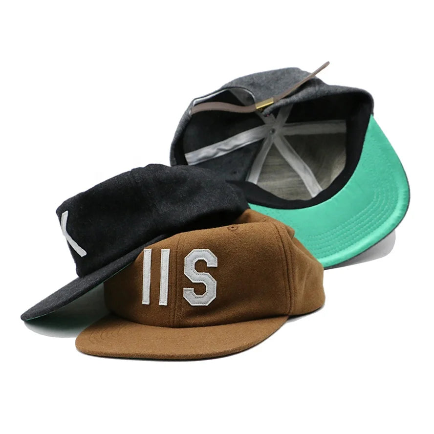 Custom Design 6 Panel Flat Brim Dad Caps Wool Blended Caps Leather Strap Metal Buckle Hats Unstructured Dad Hats