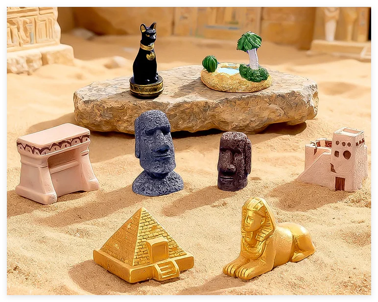 Miniature Fairy Garden House 3D Resin Building Easter Ancient Egypt Pyramid Religious Love Hand-painted Grey Brown Moai Tower