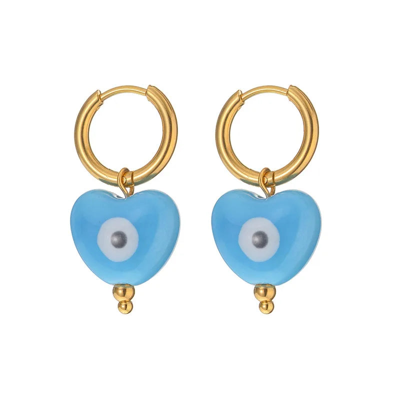 Simple Stainless Steel 18l Gold Plated Jewelry Candy Colored Heart Shaped Eyes Women Earrings Gift YF6106