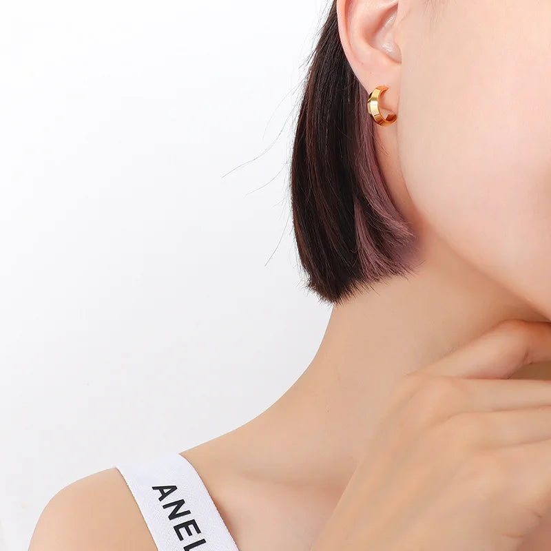 High-Key Dignified Simple Ins Geometric Earrings C- Type Earrings Titanium Steel Plated 18K Real Gold Small Huggie Earrings