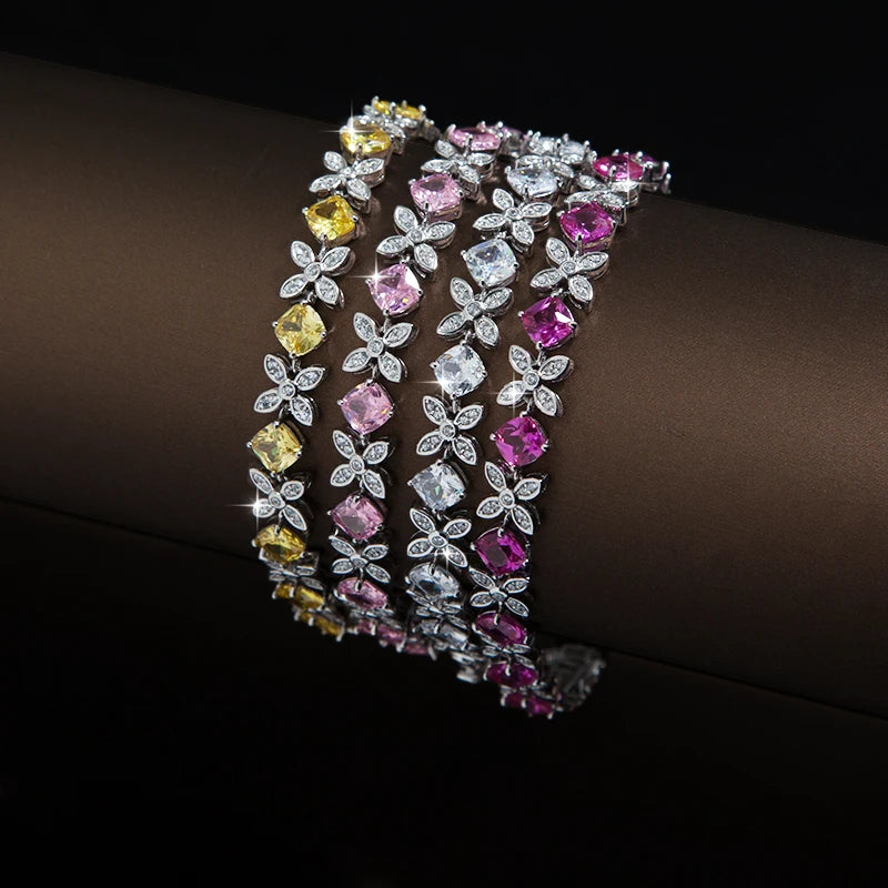 Customized Luxury 925 Silver Cubic Zircon Flower Yellow Zircon Ice Cut Bracelet CZ Women Wedding Jewelry