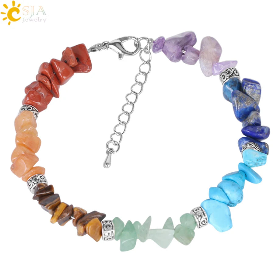 CSJA Hot 7 Chakra Gravel Chipped Natural Stone Bracelet Irregular Stone Bead Bracelets for Women Mens Jewelry E446