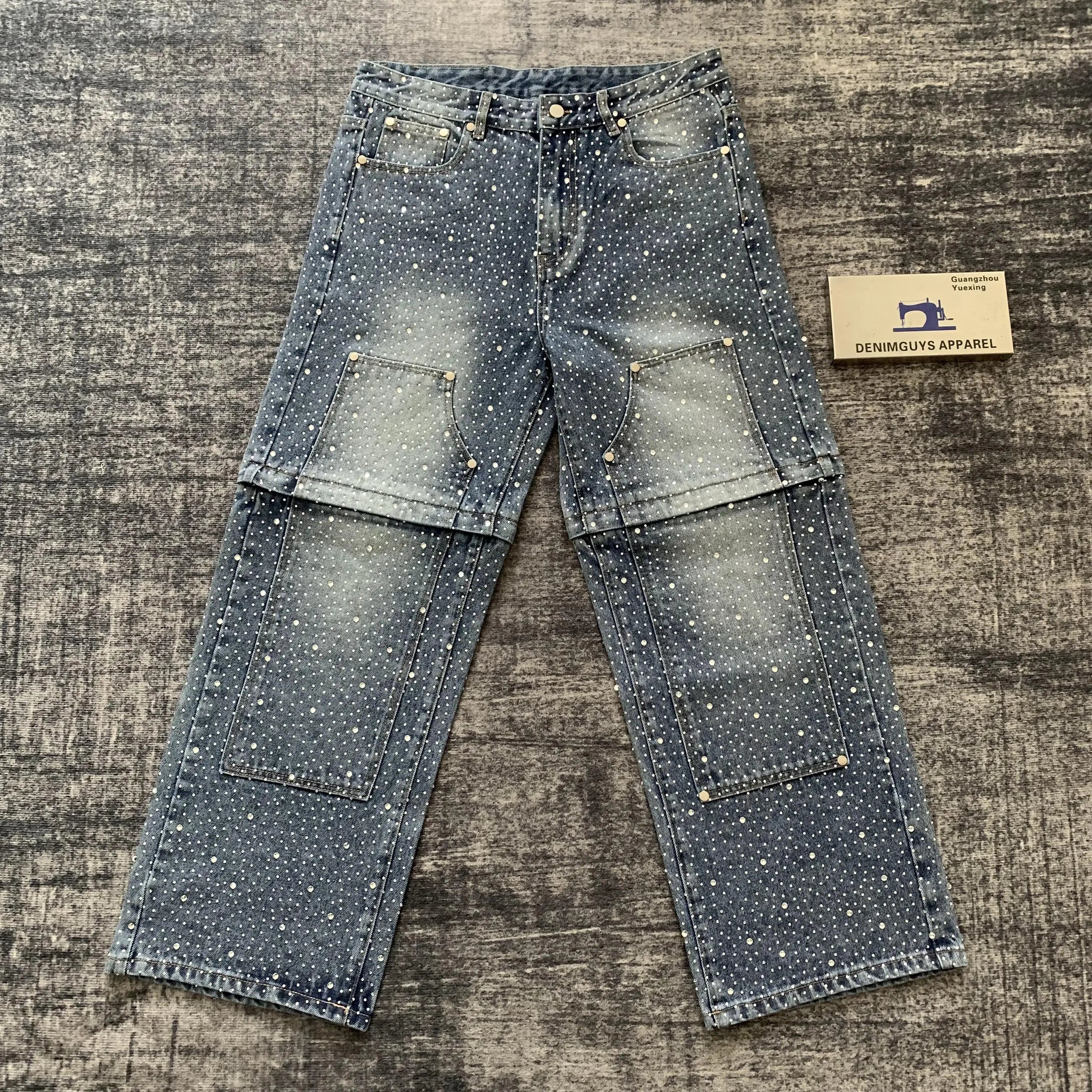 DENIMGUYS Vintage Streetwear Men's Y2k Detachable Zip off Jeans Manufacturer Custom Shiny Rhinestone Wide Leg Denim Pants Men