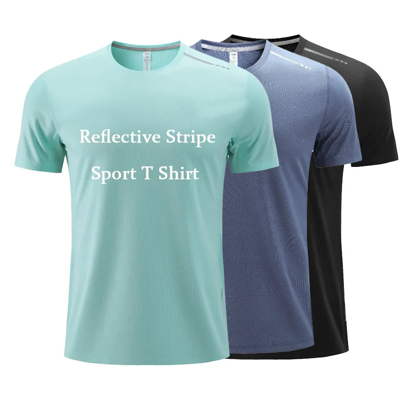 Hot Selling Custom Logo Solid Knitted Breathable Athletic Gym T-Shirt Quick Dry Reflective Stripe Sport for Men