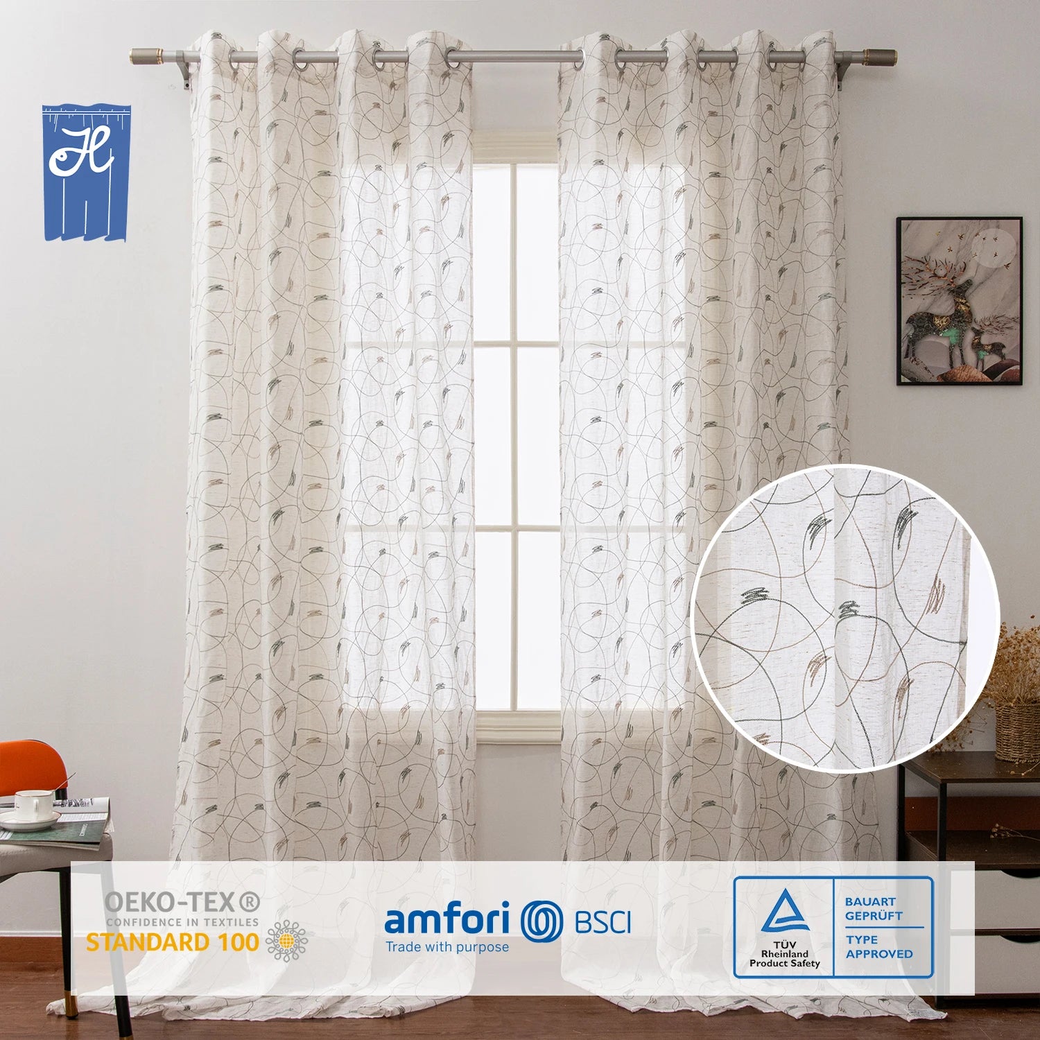 Custom Size Geometric Design Voile Tulle Curtains Embroidered Sheer Drapes for Home Factory Price