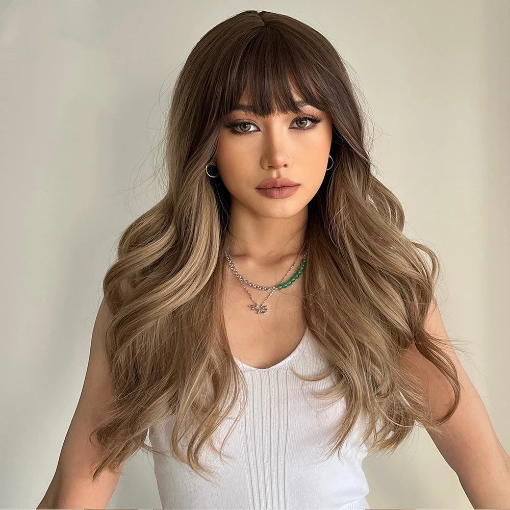 Factory Direct Sales Long Brown Wavy Hair For Women Dark Roots Ombre Brown to Blonde Wig Synthetic Wigs ready to ship