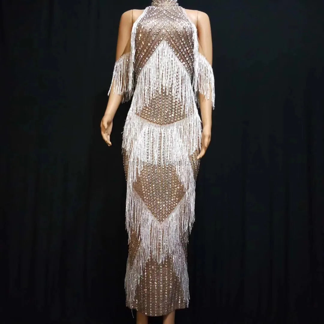 Luxury Rhinestone Dress With White Tassel Birthday Celebrate Party Women Dress Nightclub Female Singer Stage Wear