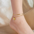Meetyoo Wholesale Stainless Steel Waterproof PVD 18K Gold Plated Double Layer Snake Chain Anklet Heart Pendant Love You Anklet