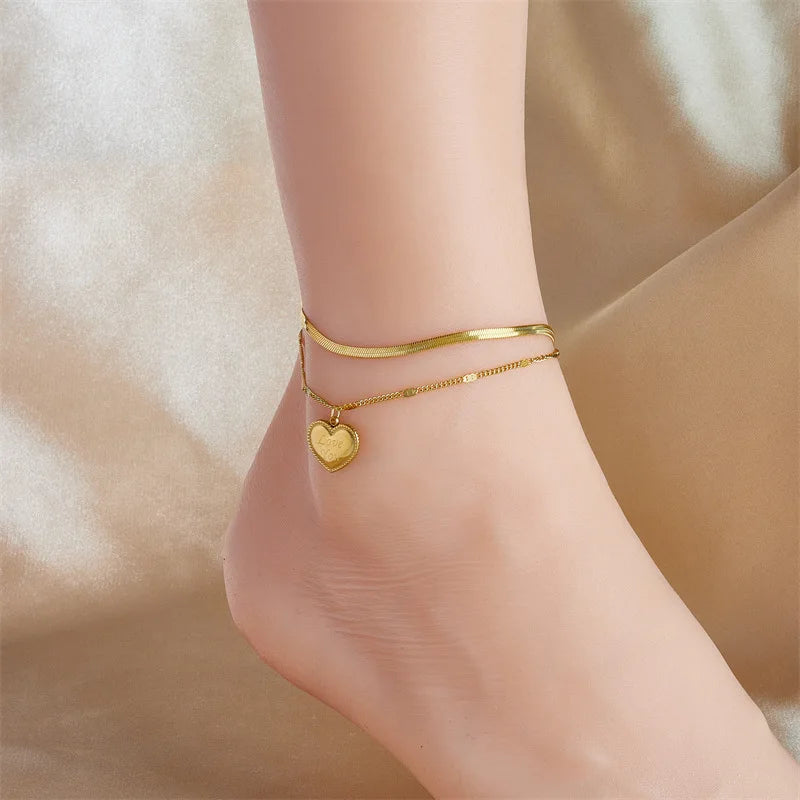 Meetyoo Wholesale Stainless Steel Waterproof PVD 18K Gold Plated Double Layer Snake Chain Anklet Heart Pendant Love You Anklet