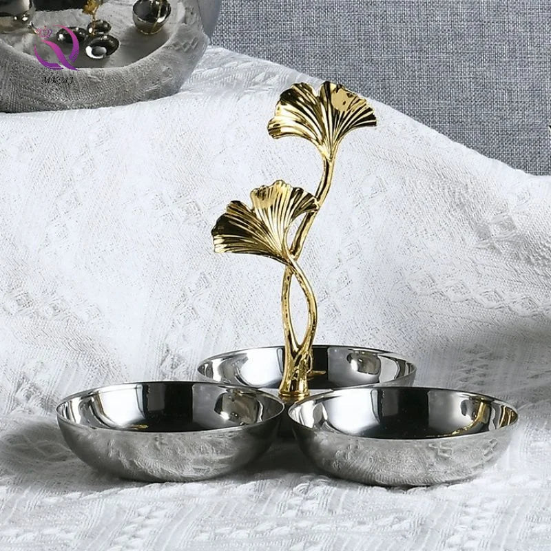 Light Luxury Ginkgo Leaf Stainless Steel Dried Fruit Dish Creative Three Nut Snacks Candy Plates for Desktop Home Decor
