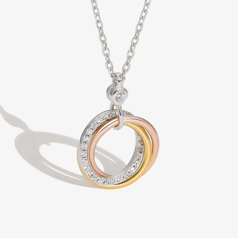 Daidan 925 Silver and Gold Plated Three-Ring Pendant Necklace Trendy Zirconia Necklace for Weddings and Parties