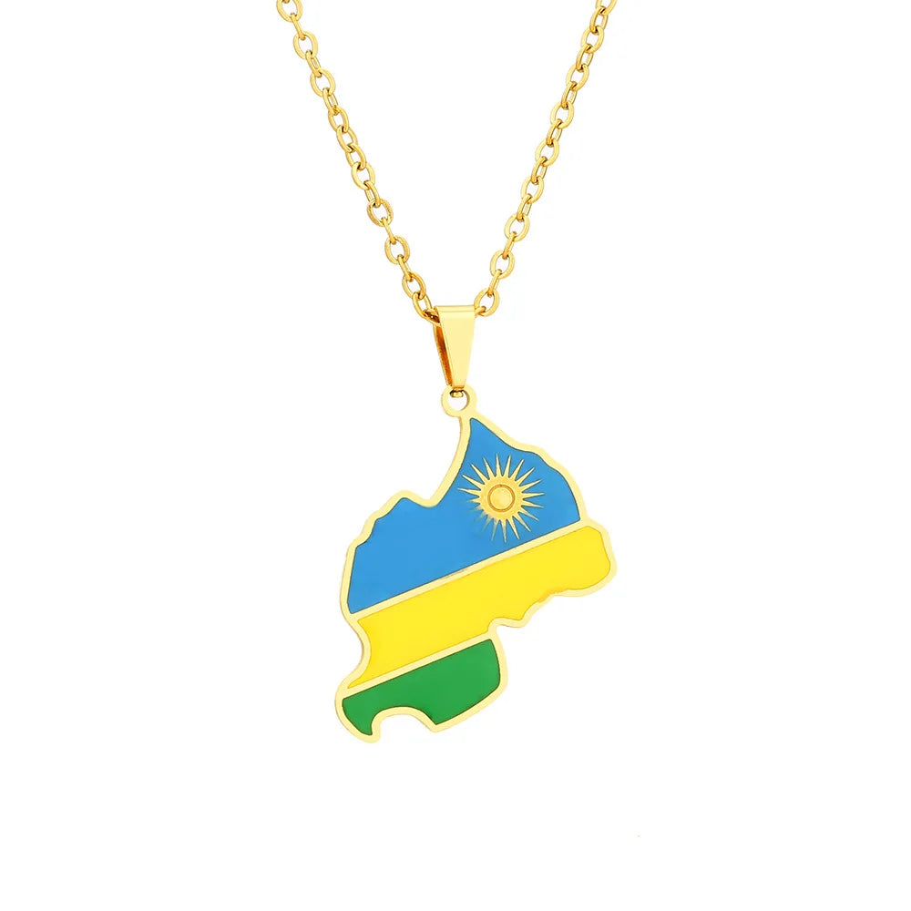 BINSHUO Wholesale Custom Stainless Steel Jewelry Drop Oil Rwanda Nation Map Flag Couples Charm Men Pendant Necklace for Women
