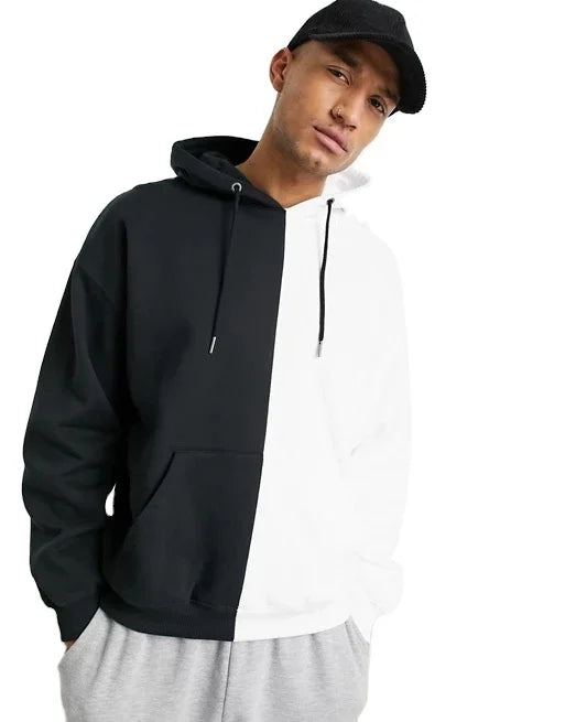KY Two Tones Colorblock Drawstring Hood Overhead Style Drop Shoulders Half White Half Black Pouch Pocket Ribbed Trims Hoodies