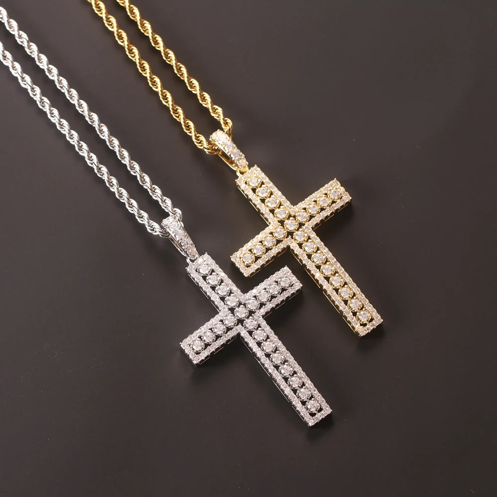 European and American Retro Style Three Leaf Cross Pendant Full of Zircon Hip-hop Necklace