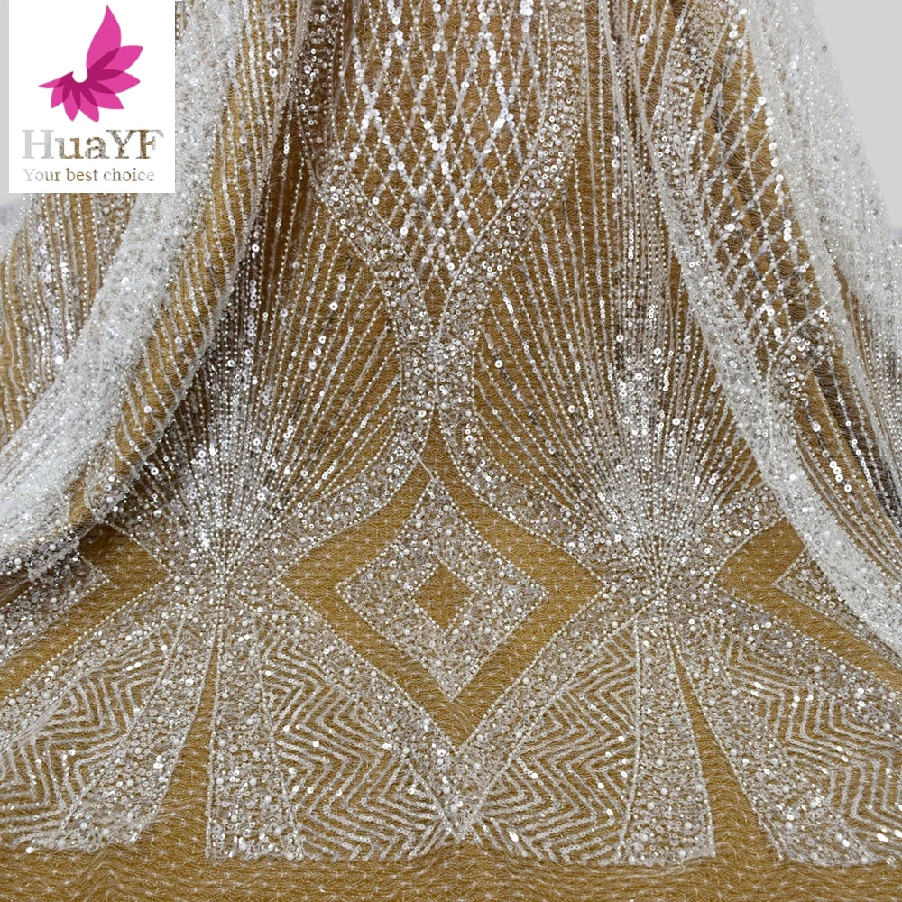 HY1734 French Heavy Pearl Lace Beading Silver White Wedding Fabric Mesh Sequin For Bridal Gown