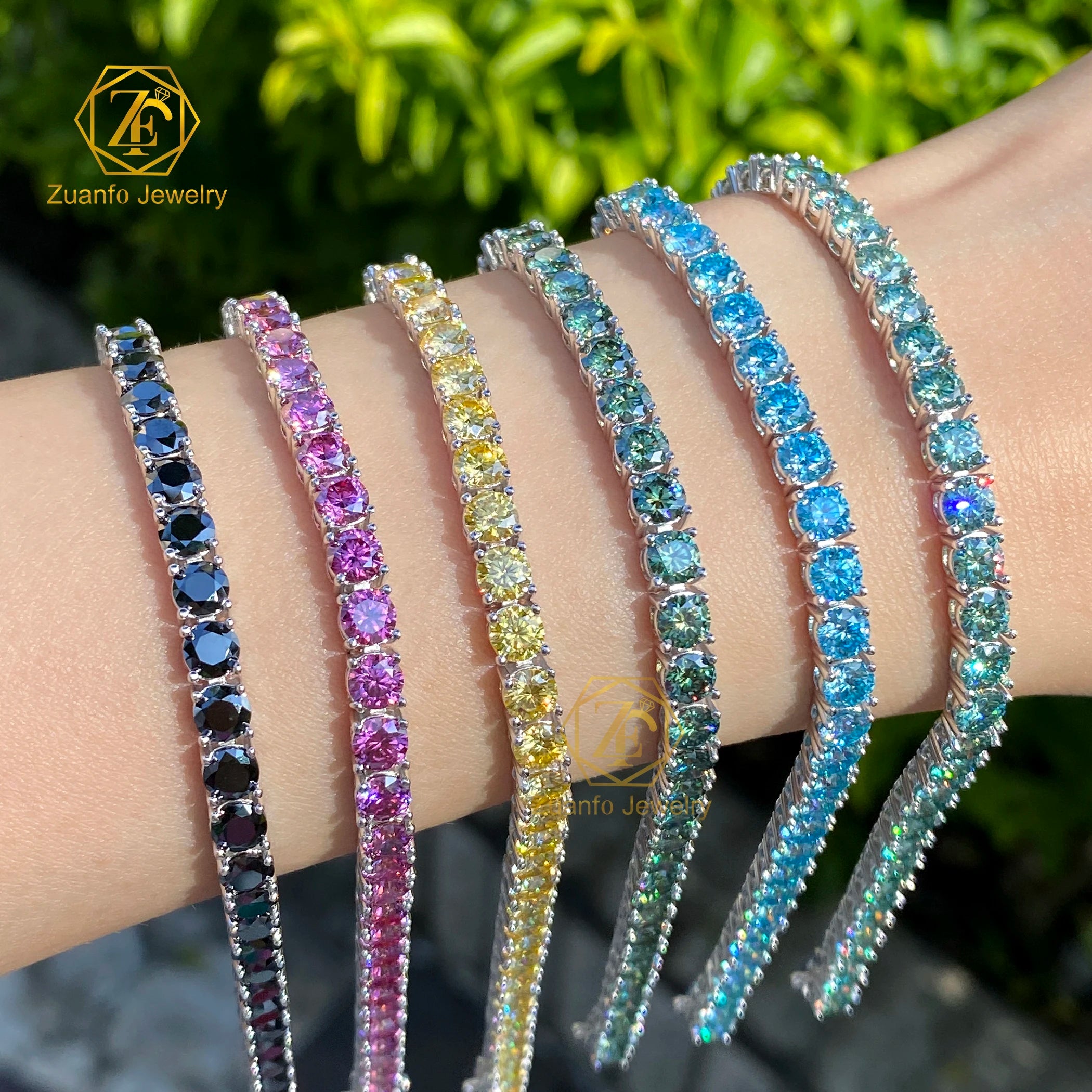Best Price Customizable Sterling Silver Tennis Chain Bracelet Blue Moissanite & Colorful Diamonds for Girls Men Women