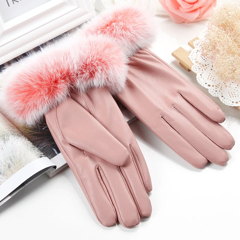 Beautiful Ladies Fur Decoration Warm Driving Leather PU Gloves