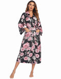 Satin Printed Nightgown Home Simulation Silk Bathrobe Long Sleeved Satin Pajamas for Women