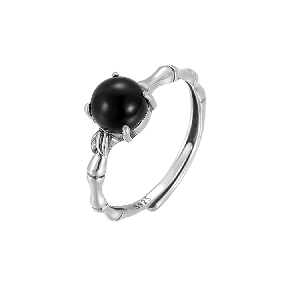 Antique 925 Sterling Silver Women's Bamboo Ring Round Natural Onyx Black Stone Adjustable Size Open Type Fine Jewelry