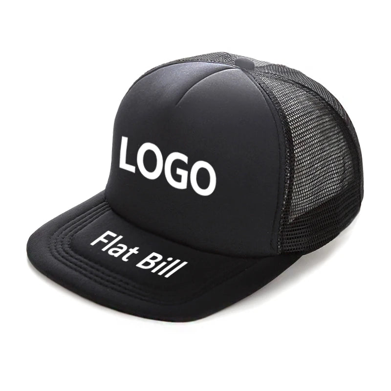 Custom Logo Flat Bill Cap Foam 5 Panel Mesh Trucker Hat Snapback Caps