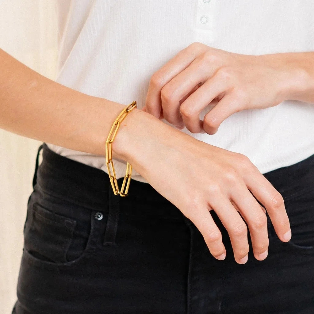 Fashion Minimalist Thick Rectangle Link Chain Bracelet Versatile Daily Stacking Jewelry 18K Gold Plated Stainless Steel Bracelet