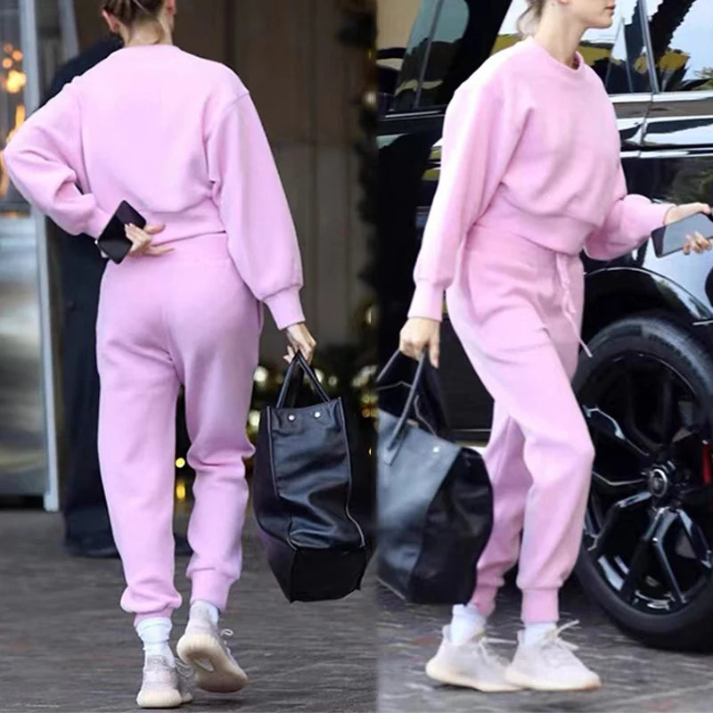 Fall Winter Women Clothes Custom logo 2 Piece Pants Set Women Causal Cotton Pink Two Piece Sweatshirt Pants Set