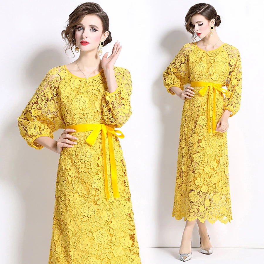 Autumn New Light Luxury Elegant Style Lace Embroidered Round Neck Long Sleeve Lace Loose Dress