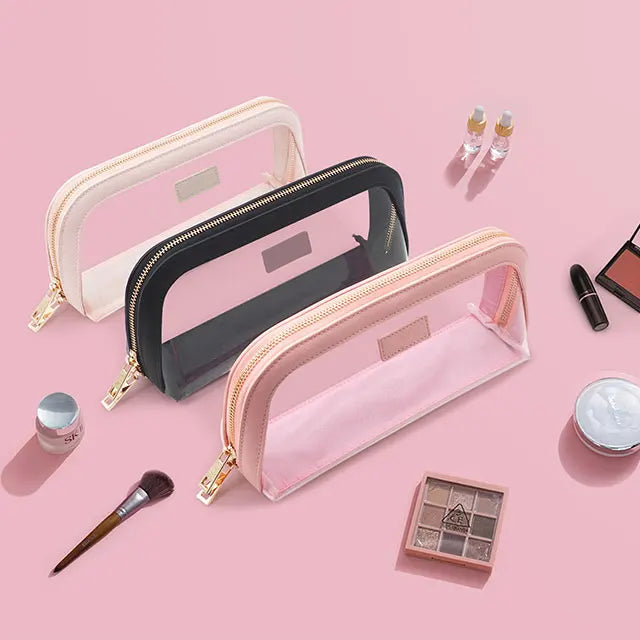 Fashion Transparent clear Make up Bag  Luxury Saffiano Leather Pvc Cosmetic Bag