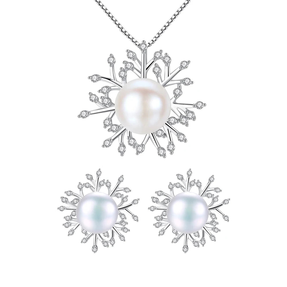 Daidan Natural Pearl Jewelry Set Women 925 Silver Woman Rhodium Plated Fine Jewelry Snowflake Jewelry Sets