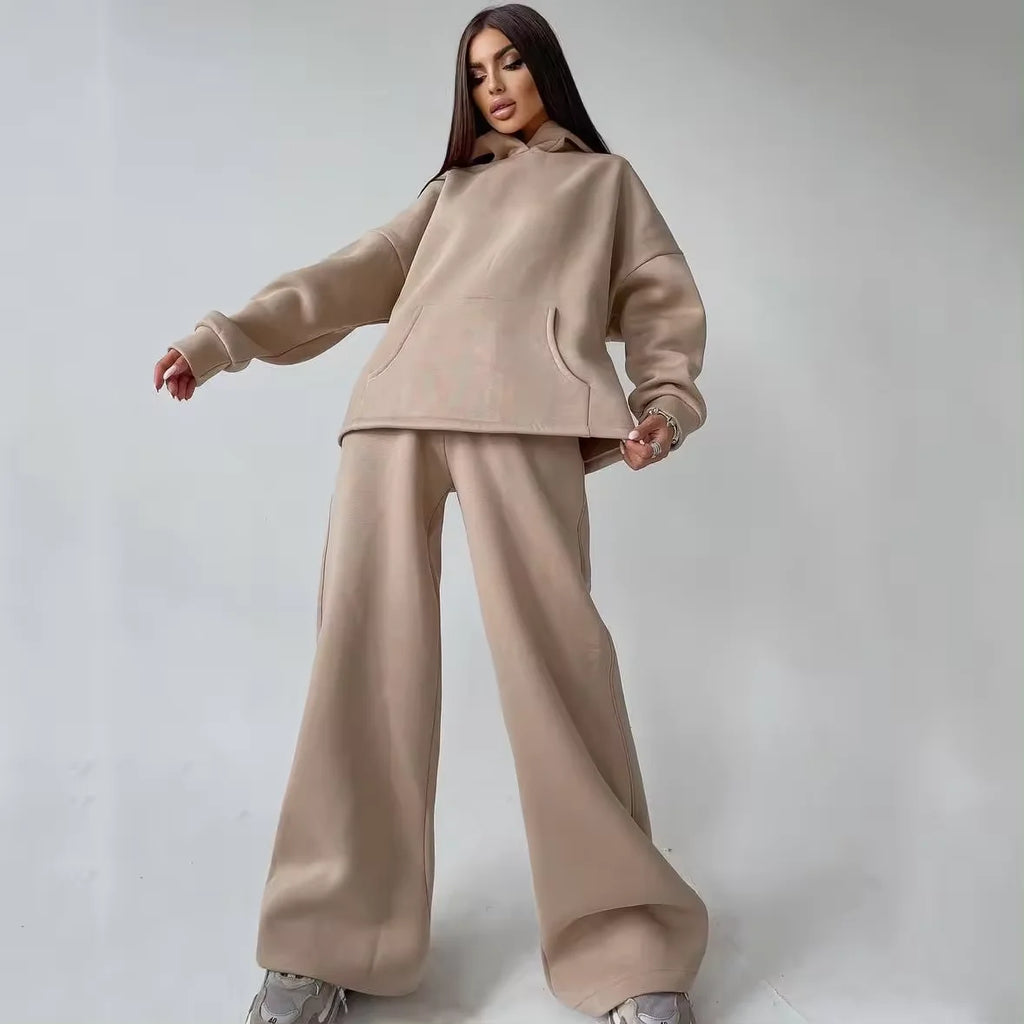 500Gsm Fleece Cotton Womens Oversized Pullover Hoodies New Apparel Custom Baggy Two Piece Wide Leg Pant Set Women Sweatsuit