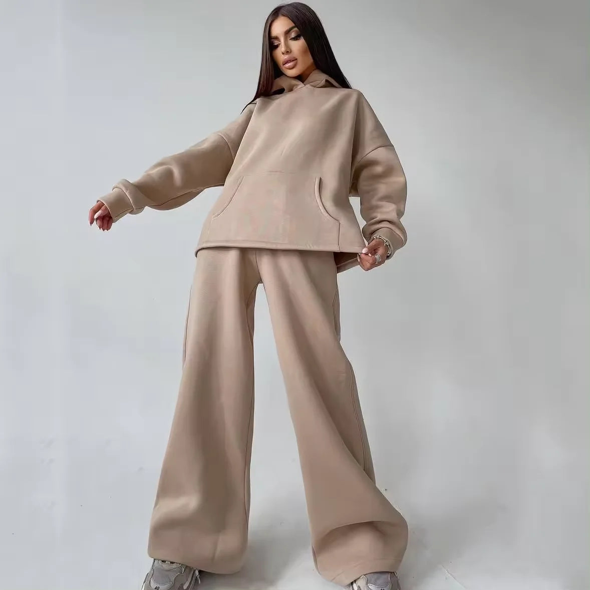 500Gsm Fleece Cotton Womens Oversized Pullover Hoodies New Apparel Custom Baggy Two Piece Wide Leg Pant Set Women Sweatsuit