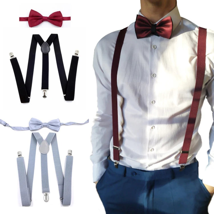 Stock Elastic Suspender Bow Tie Set Men's Clip W Shaped Back Braces Kerchief Bow Tie Business Suit Custom Suspenders