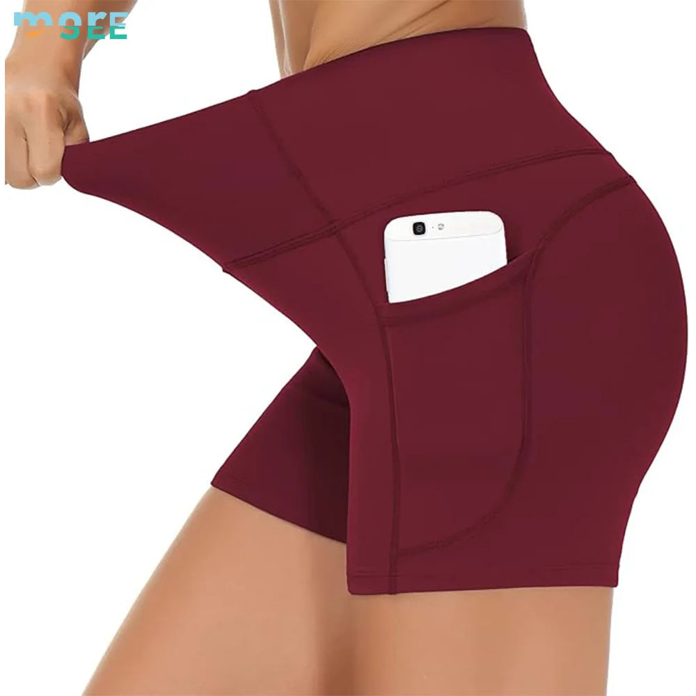 SeeMore GYM Women's High Waist Yoga Shorts Tummy Control Deep Pockets for Fitness Athletic Workout Running Sports Fitness Shorts