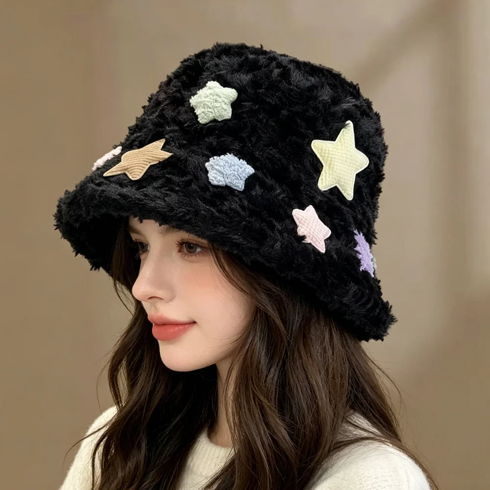 Plush Fisherman Hat Fuzzy star Bucket Hat Wide Brim Fluff Warm fisherman hat for Women