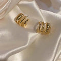 Vintage Real 18k Gold Plated Geometric Chunky C Shape Twisted Metal Hoop Earrings Triple Circle Stud Earrings