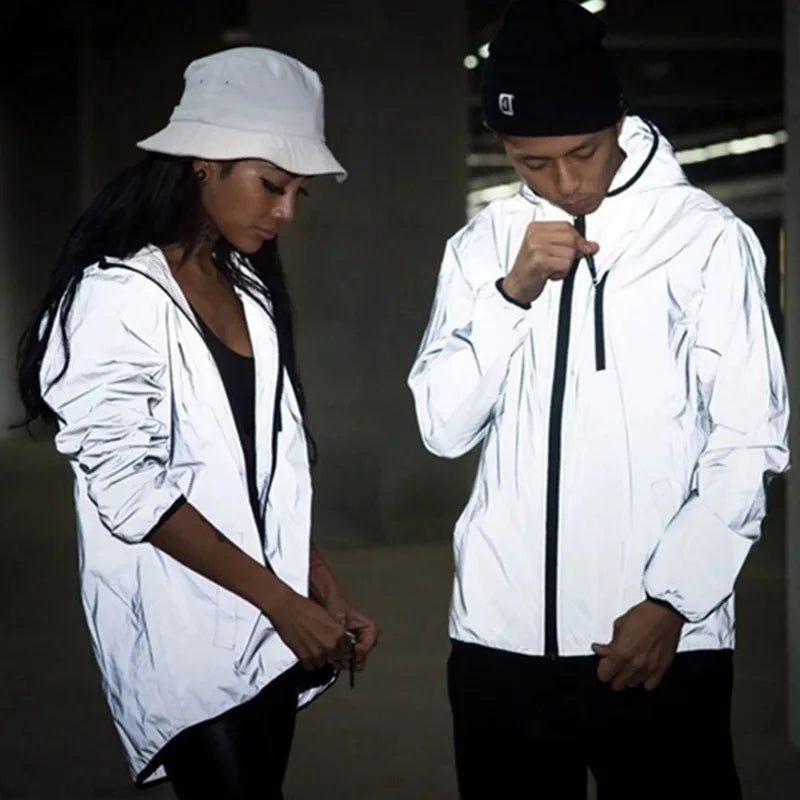 Couple's 100% Polyester Night Run Hoodie Reflective Hip Hop Style Sequin Jacket Coat for Autumn Hooded Collar"