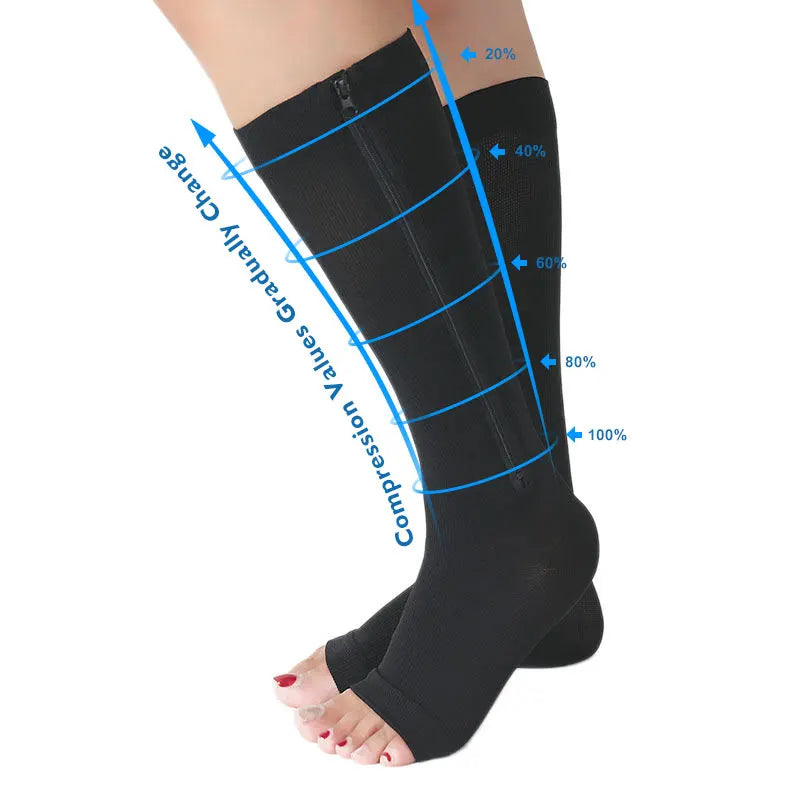 Medical Compression Socks With Zipper Varicose  Open-Toe Veins Knee High Stockings