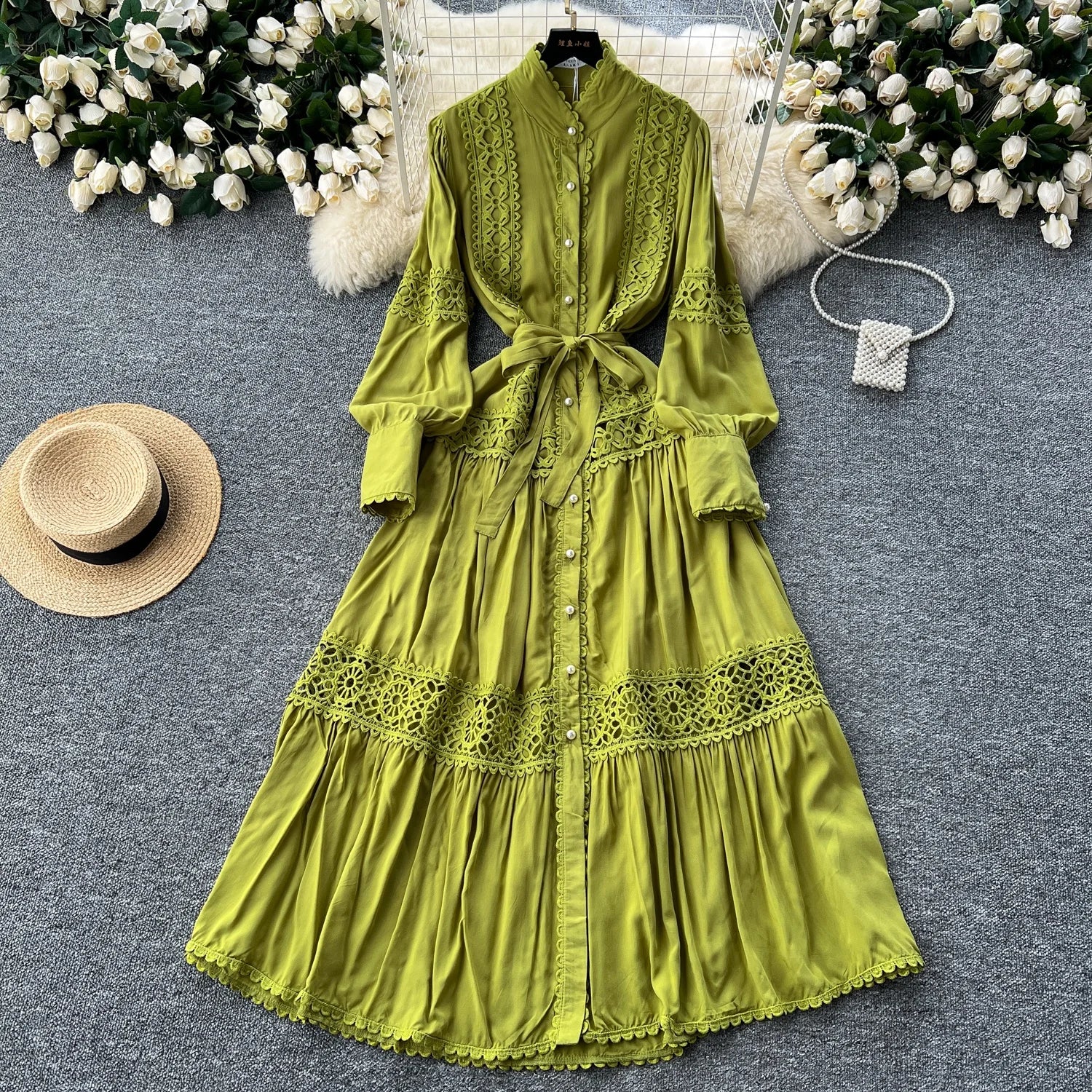 Autumn Elegant Party Dresses 2024 Women Hollow Hook Flower Embroidery Maxi Dress A-line Female Dress