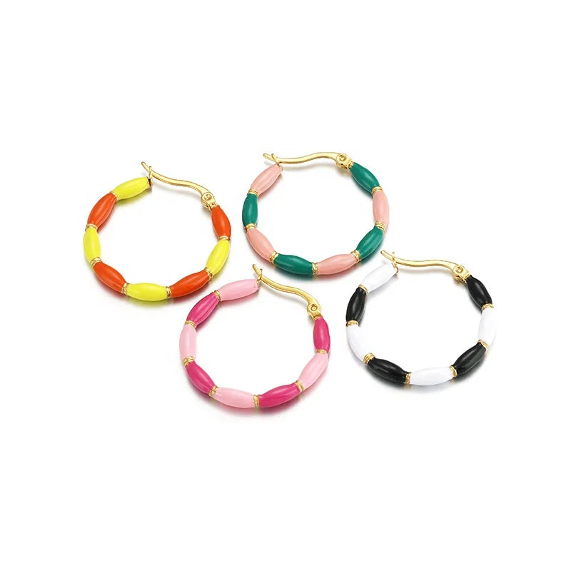 Tarnish Free Real 18K Gold Plated Stainless Steel Round Summer Color Enamel Hoop Earrings