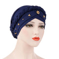 Women Braid Beads Decor Hat Solid Color Bandanas Muslim Turban Hijab Hat