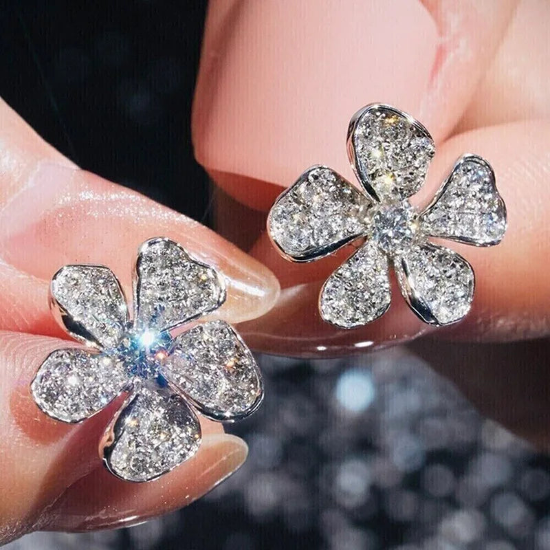 CAOSHI Fresh Style Flowers Design Simulated Moissanite Silver Plated Earrings for Dainty Wedding Engagement Stud Earrings Women