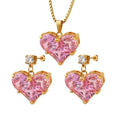 Bling 18K Gold Stainless Steel Jewelry Set Pink Cubic Zircon Love Heart Pendant Necklace Women